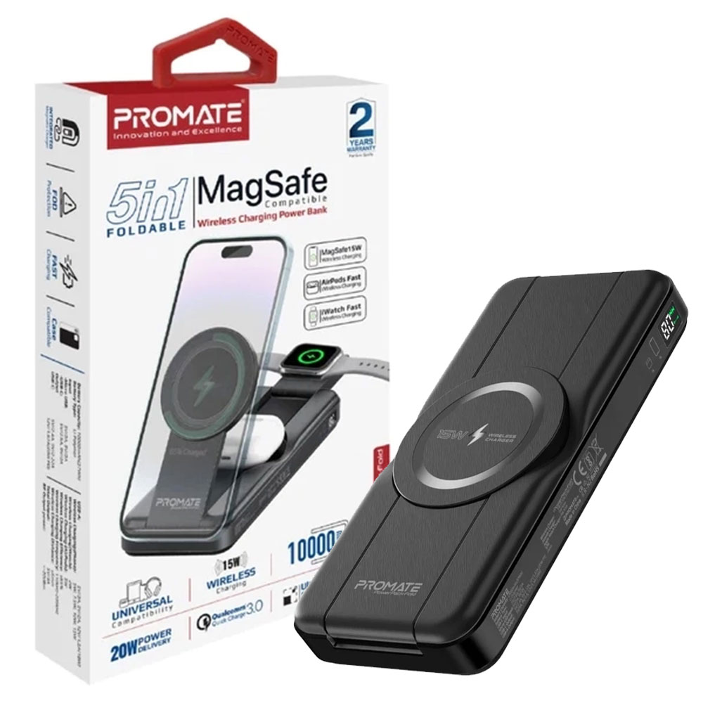 پاوربانک وایرلس پرومیت مدل PROMATE POWERPACK-FOLD 5in1 10000mAh 20W مشکی